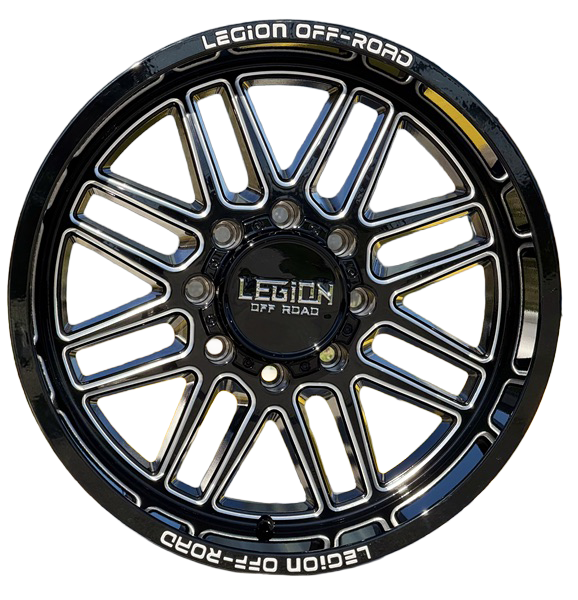 20X10 LEGION OFF-ROAD LG4 WHEELS, -18 Offset, 8X170, GLOSS BLACK & MILLED