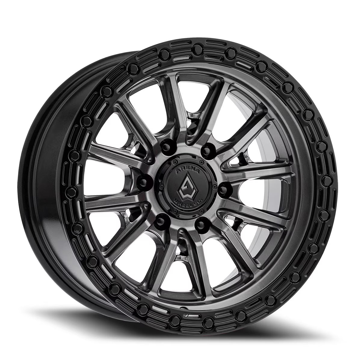 ARENA A106 TREK WHEELS 5X5.0(127) - GLOSSY GUN METAL CENTER GLOSSY BLACK LIP
