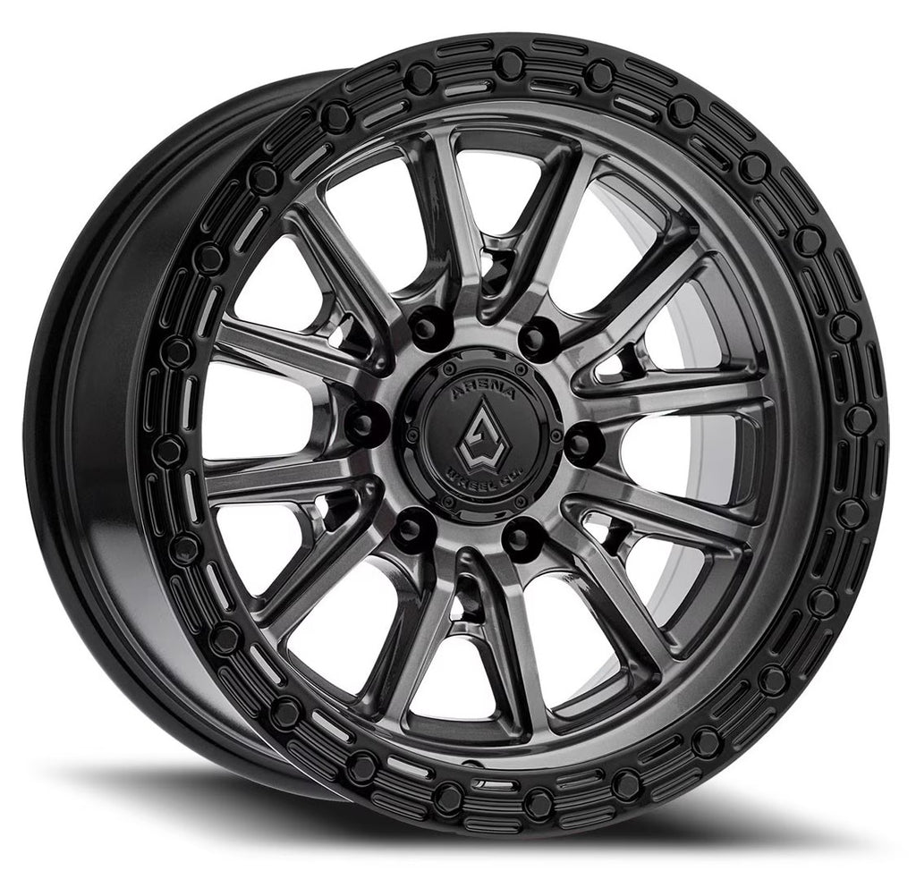 ARENA A106 TREK WHEELS 6X5.5(139.7) - GLOSSY GUN METAL CENTER GLOSSY BLACK LIP