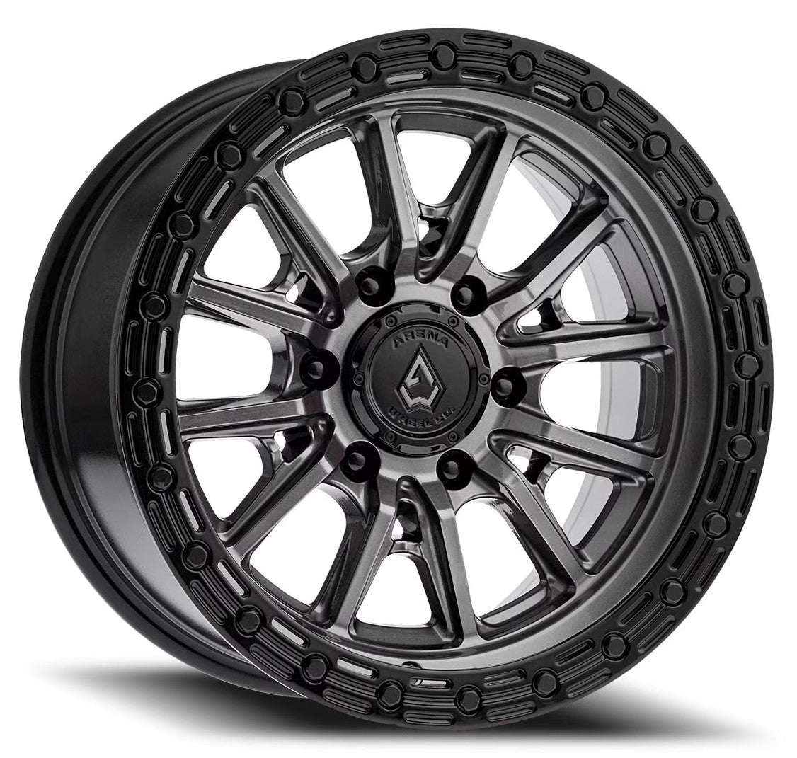 ARENA A106 TREK WHEELS 6X5.5(139.7) - GLOSSY GUN METAL CENTER GLOSSY BLACK LIP