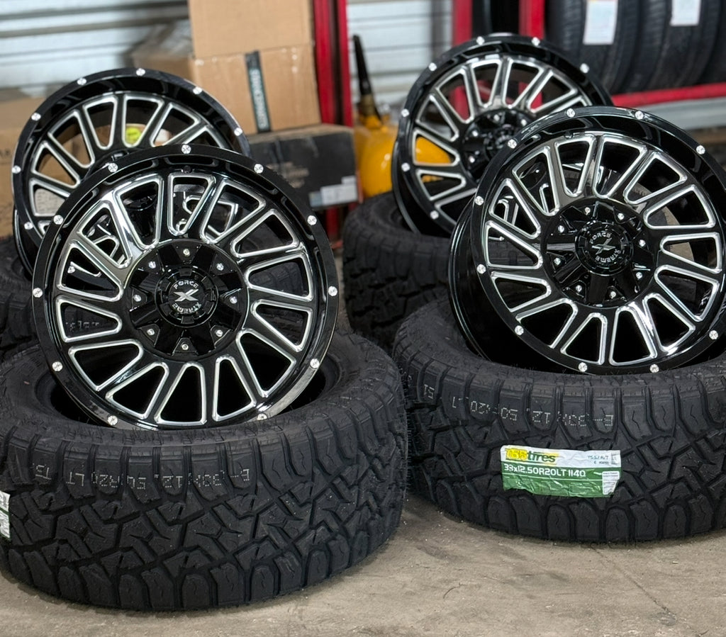 20X10 Xtreme Force Twist Wheels 6X5.5/139.7 and 6x135 with 33X12.50R20 TBB RT Tires (Package)