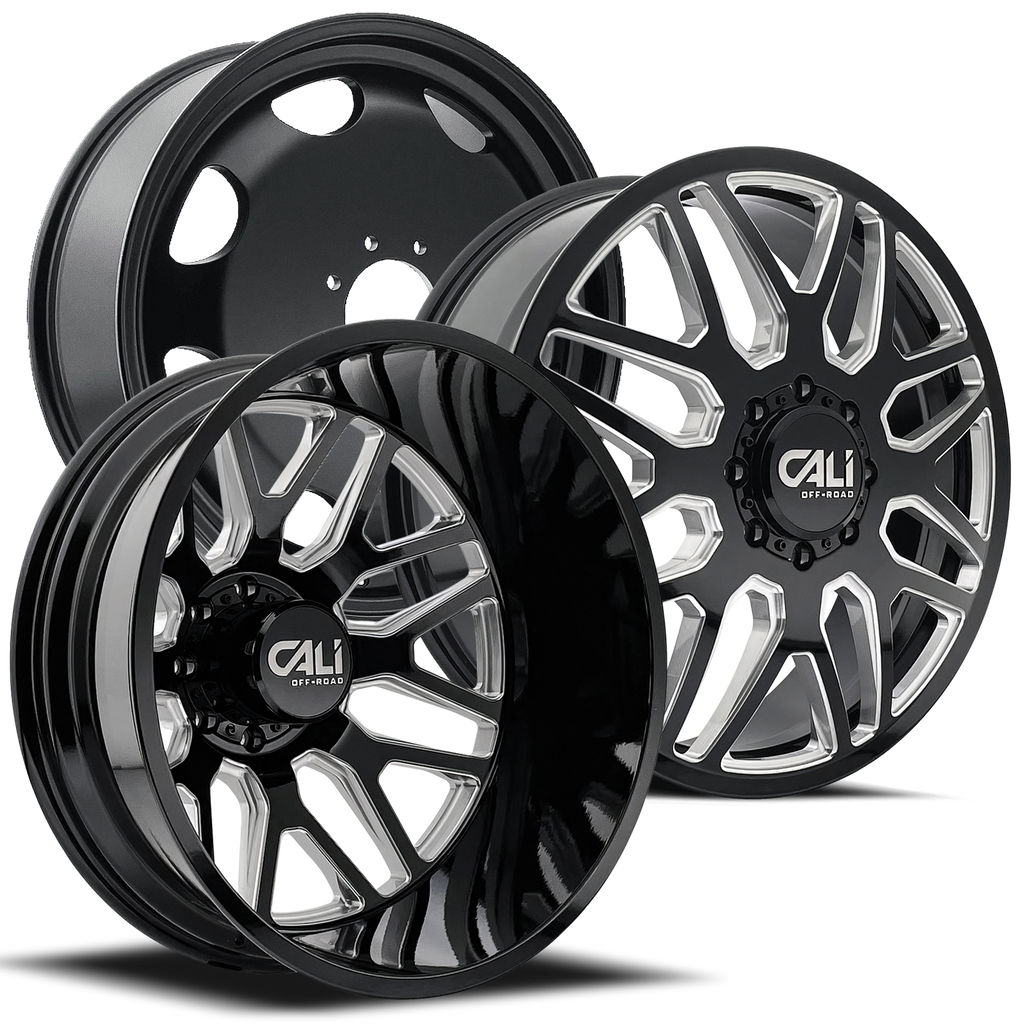 CALI OFF-ROAD INVADER 9115D DUALLY WHEELS 8X200 - GLOSS BLACK & MILED - SET OF 6