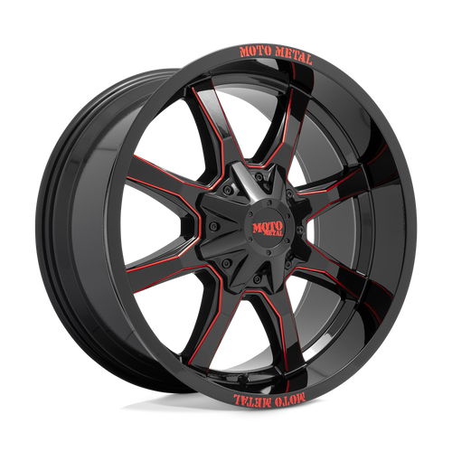 20X10 MOTO METAL MO970 WHEELS - BLACK & RED - 5X5.0(127) with 33/35X12.50R20 TBB R/T TIRES - SET OF 5