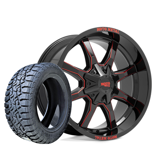 20X10 MOTO METAL MO970 WHEELS - BLACK & RED - 5X5.0(127) with 33/35X12.50R20 TBB R/T TIRES - SET OF 5