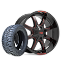 20X10 MOTO METAL MO970 WHEELS - BLACK & RED - 5X5.0(127) with 33/35X12.50R20 TBB R/T TIRES - SET OF 5